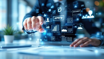 A businessman engages with a futuristic digital interface showcasing various data and analytics.