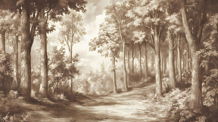 Obraz premium Vintage trees forest drawing european antique wallpaper mural. Mural. Illustration