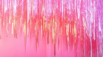 Pink holographic foil fringe, tinsel curtain for holidays party decoration. Sparkling background, neon trendy backdrop.