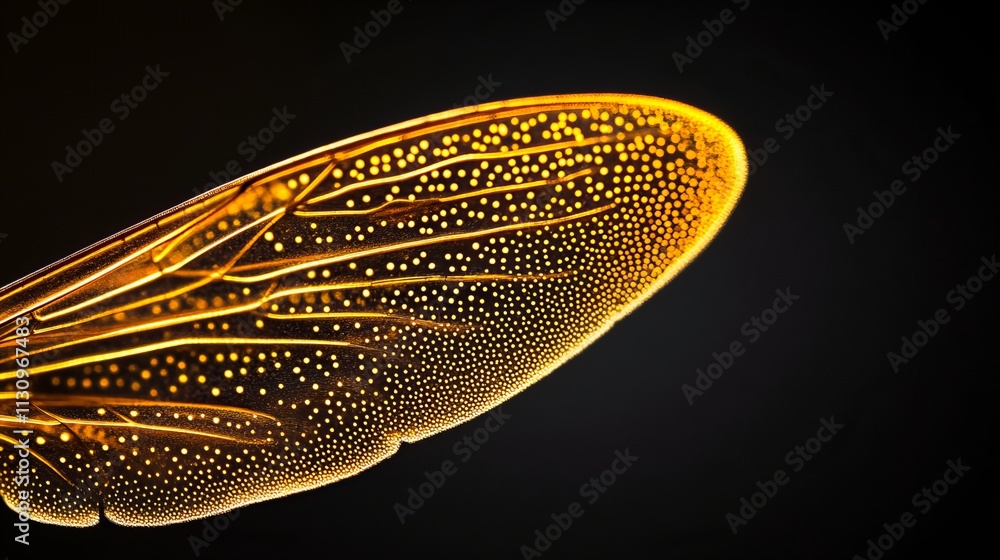 Poster close-up of a delicate insect wing showcasing intricate patterns and textures on a dark background.