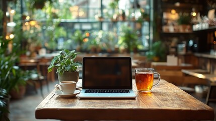 Fototapeta premium An empty wooden table in a cafe awaits a freelancer, with a laptop, a cup of tea, and other items ready for use