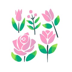 Minimalistic Isolated Seamless floral pattern set and pack of flowers and plants on white background colourful wallpaper paper wrap pink Tulip tulips and rose roses