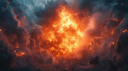 Fototapeta premium An explosion destroys a building in a city, depicting an apocalyptic scene of chaos and destruction
