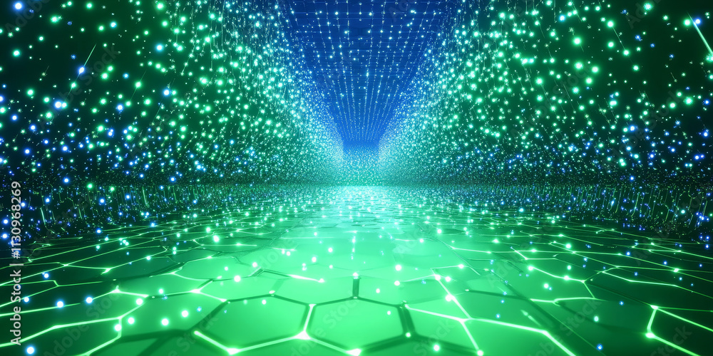 Poster futuristic abstract background with glowing hexagonal patterns. the tiles emit soft, radiant lights 