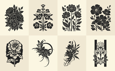 Fototapeta premium Botanical linocut drawing. Minimal plant logo, botanical graphic sketch drawing, meadow greenery, leaf and blooming flower abstract sketch element collection, rustic branch.