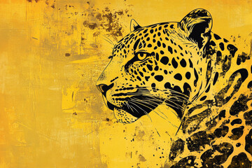 Abstract leopard illustration, golden yellow background, artistic design featuring leopards and golden accents.