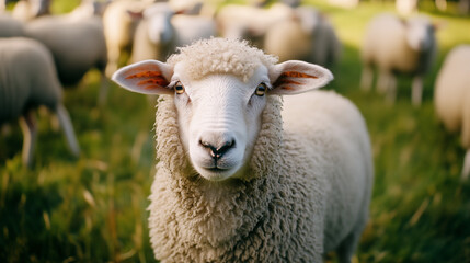 Obraz premium A white sheep is staring Generative AI
