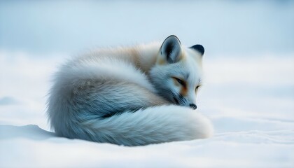 A snow fox curled up in a ball, blending into a frosty white environment AI Generative