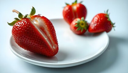 A large, ripe red strawberry with clear dewdrops glistening on its surface, resting on a smooth, whiteceramic plate AI Generative