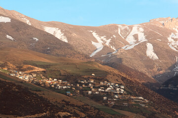 Mountain Village, Village on the Mountain with Old Houses and Snowy Mountain, Persia