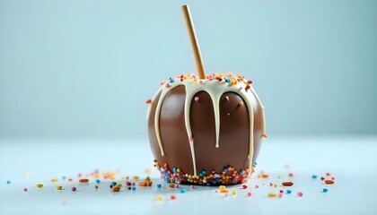 A chocolate-covered apple on a wooden stick, drizzled with white chocolate and colorful sprinkles AI Generative