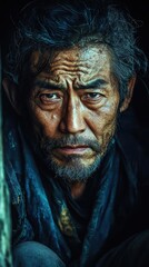 Hyper-realistic close-up of an Asian father weathered face, anxiety in his eyes, as he sits on the doorstep of a run-down thatched home, his gaze fixed on the road ahead.