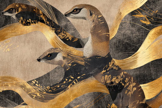 Abstract mongoose illustration, warm taupe background, artistic design featuring mongooses and golden accents.