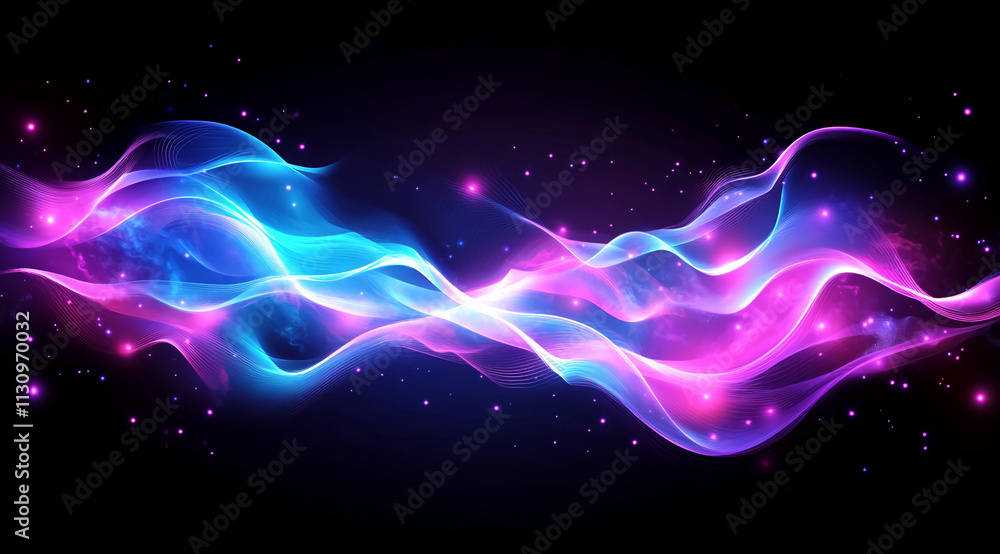 Poster Abstract colorful wave patterns with sparkling stars on a dark background. Abstract art illustration