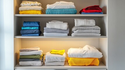 Neatly folded clothes organized on shelves in a wardrobe.