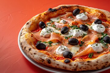 Neapolitan gourmet pizza with black olive pate buffalo mozzarella and smoked salmon photographed on a red background in a pizzeria