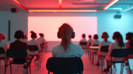 vibrant classroom filled with students wearing headphones, engaged in futuristic learning environment. colorful lighting enhances immersive experience