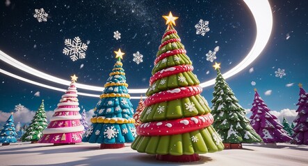 Obraz premium Snowflakes swirling around vibrant anime style Christmas trees under a starry sky