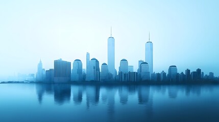 Obraz premium A minimalist design of the New York skyline featuring the twin towers with soft blue tones and subtle lighting