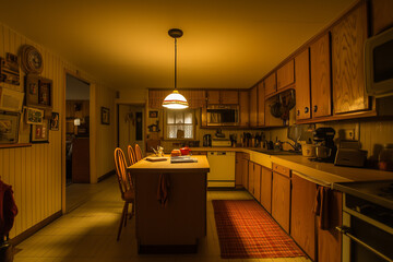Obraz premium A cozy kitchen with wooden cabinets, a central island, and warm lighting, with copy space. Soft ambient light.