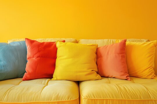 New trending PANTONE 13 1023 Peach Fuzz color for 2024 on yellow sofa with multicolored pillow