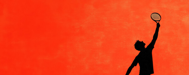 Artistic silhouette of tennis player serving against vibrant orange background, capturing energy and motion of sport