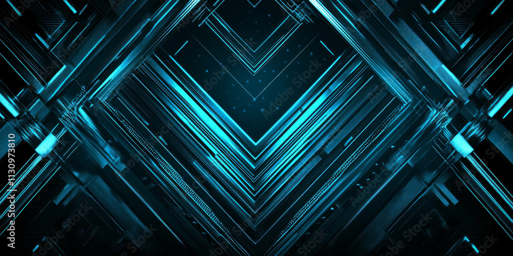 Poster futuristic, high-tech turquoise background with a triangular block structure. the wall features a 3d
