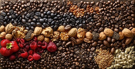 Obraz premium Brown coffee beans form a textured pattern, representing caffeine, espresso, and organic harvest, with a background of seeds for food ingredients and natural produce