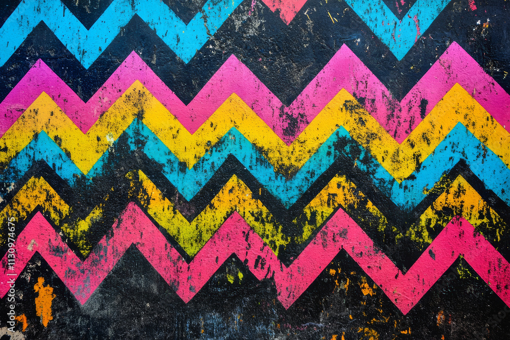 Poster a bold abstract background filled with zigzag patterns in vivid neon hues, creating a sense of motio
