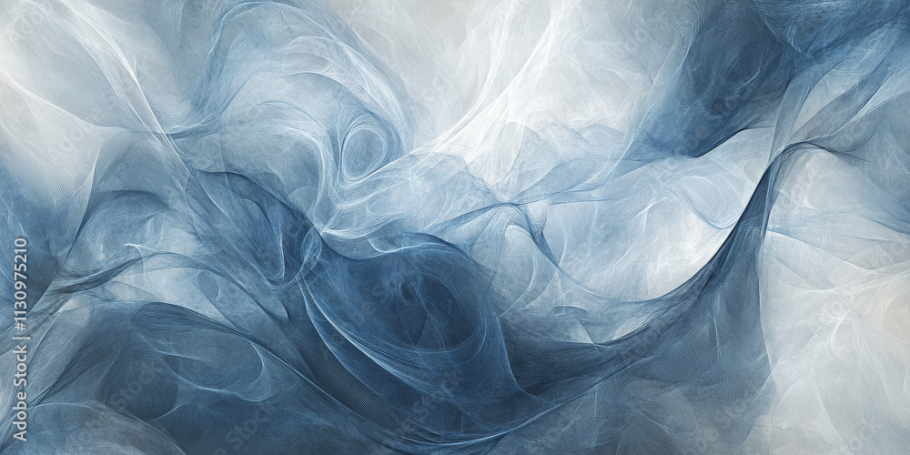 Poster muted blue and light gray abstract design with flowing organic shapes and smooth gradients. the text