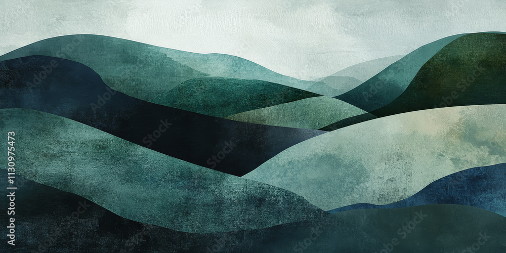 Poster dark emerald green and soft moss abstract composition with organic, flowing shapes. gradients gently