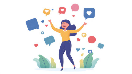 Fototapeta premium A cheerful vector scene of a community manager juggling social media tasks with floating alert symbols