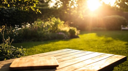 Naklejka premium Tranquil outdoor wooden table setup with chopping board and serene green garden in bright sunlight