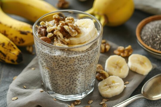 Nutritious breakfast with chia walnuts and banana slices