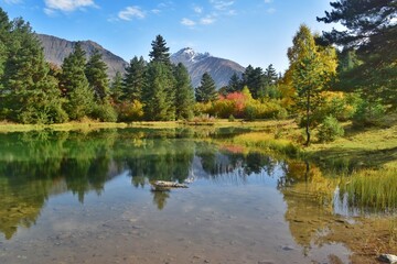Fototapeta premium Stunning colourful autumn landscapes in the Northern Georgian Caucasus Mountains around Mestia