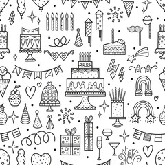 Happy Birthday seamless pattern. Sketch party decoration, gift box, cake, party. Hand drawn elements. Vector line illustration