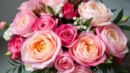 Obraz premium Vibrant bouquet of pink peonies and roses on white background with space for text, arrangement, beautiful, bloom