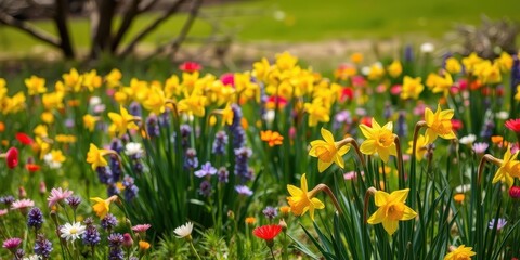 Fototapeta premium Vibrant daffodil flowers blooming in a lush field under the sun, sunny weather, flowers, outdoors