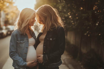 Fototapeta premium Lesbian couple in love and pregnant in the street.