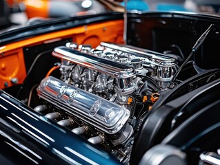 Mechanic tightening bolts on a shiny new engine under the hood of a restored car