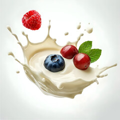 Yogurt milk splash with berries isolated white background. A mockup for package design