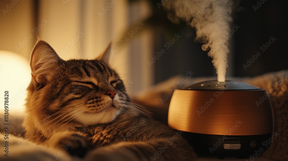 Poster a cozy scene featuring a relaxed cat next to a diffuser emitting gentle steam, creating a calming at
