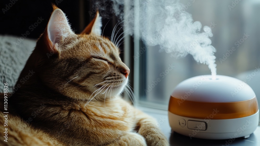 Poster a relaxed cat sits next to a diffuser, enjoying a soothing ambiance created by the gentle mist in a 
