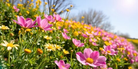 Fototapeta premium Vibrant yellow daffodil flowers blooming in a vast field under a clear blue sky, petals, plants, landscape