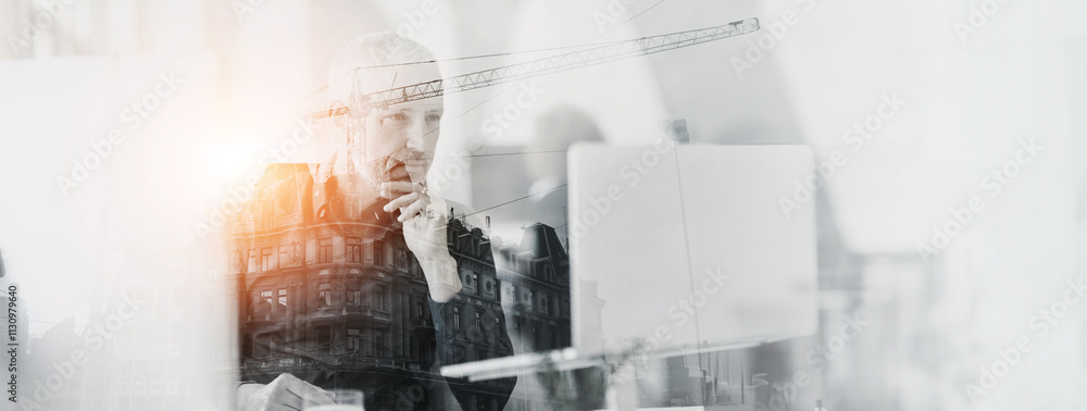 Poster urban, development and double exposure of man at laptop with thinking, project plan and architecture