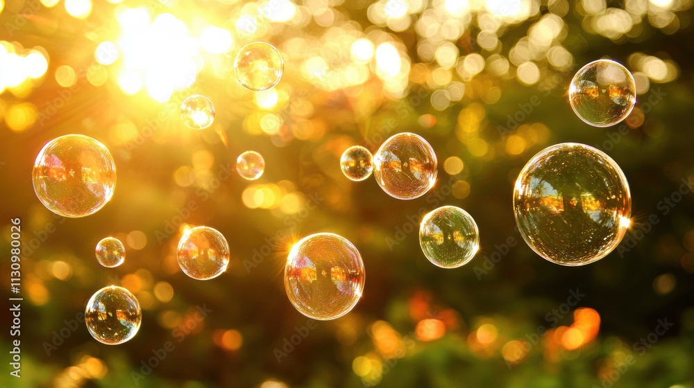 Poster dreamy composition of spherical bubbles floating in sunlight, creating magical atmosphere