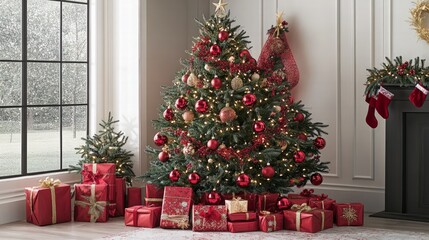 Christmas celebration with festive tree and gifts in cozy living room holiday decor warm atmosphere joyful vibes