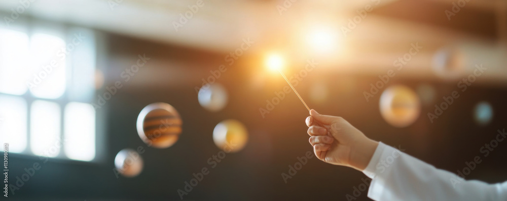 Aufkleber science teacher using glowing wand to point at floating planets, creating magical learning atmospher