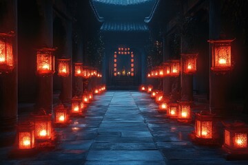 Fototapeta premium Rows of glowing red lanterns hanging in an ancient Chinese temple courtyard