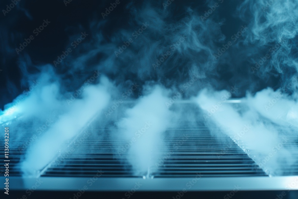 Poster data center cooling energy efficiency technology concept. a misty scene with steam rising from a met